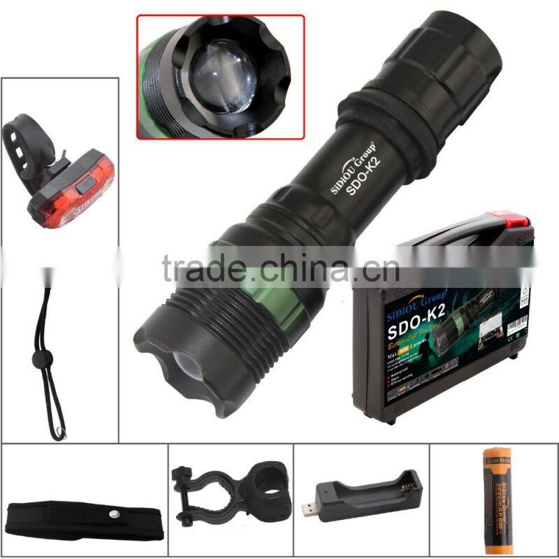 Sidiou Group Super Bright T6 LED Flashlight torch 900 Lumens 7W Zoomable Torch Set With USB Rechargeable Bicycle Taillight