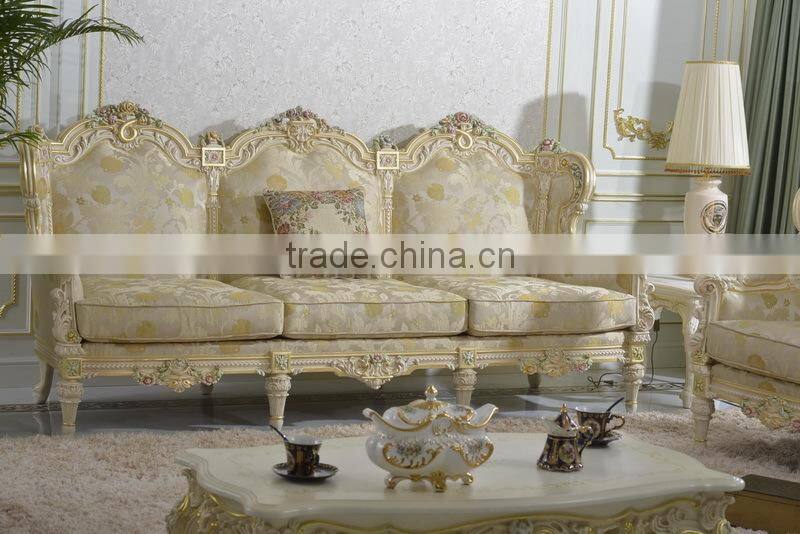 Classical European Beige And Gold Color Sectional Sofa Set, 3+2+1 Living Room Elegant Floral Sofa Set