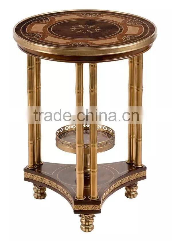Vintage Natural Wood Carved Coffee Table With Brass Pedestal Handmade Marquetry Round Side Table Castle Living Room Furniture