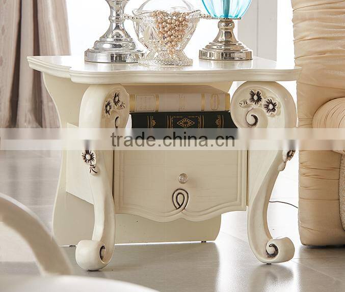 New classic consice flower carving ivory white side table with drawer