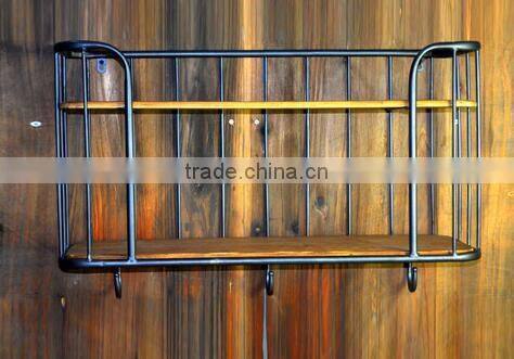 3 hooks wood board metal frame rustic Wall-Mounted Shelf