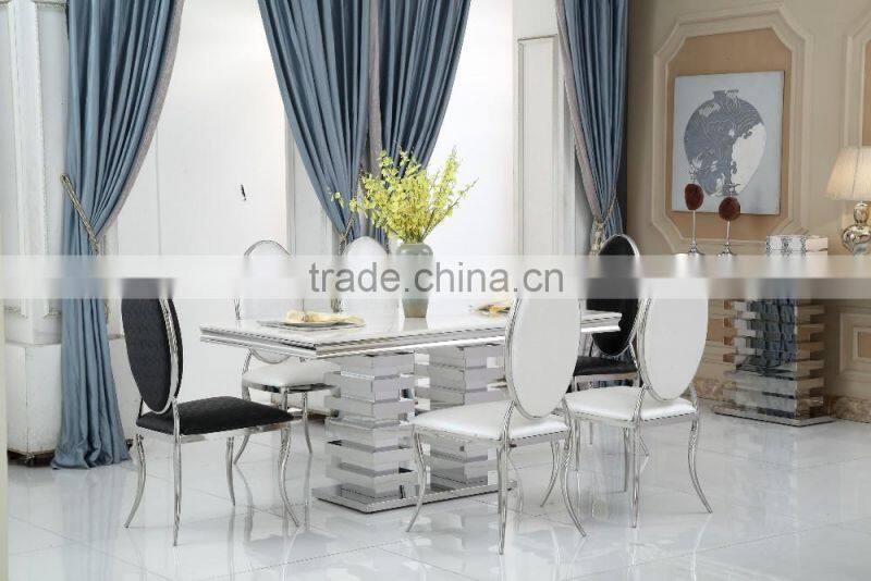 customized silver luxury stainless steel marble top dining table set for 6 people
