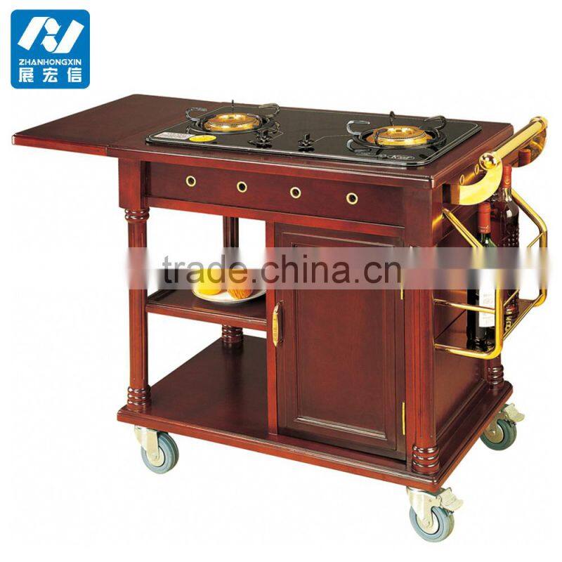 Hotel luxury flambe solid wood cooking trolley