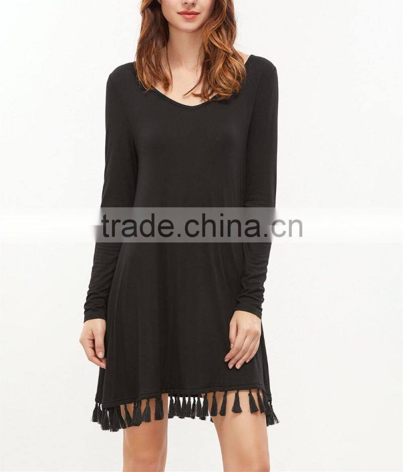 Women Clothing Autumn Long Sleeve Mini A Line Slim Party Sexy Clubwear Black V Neck Tshirt Dresses