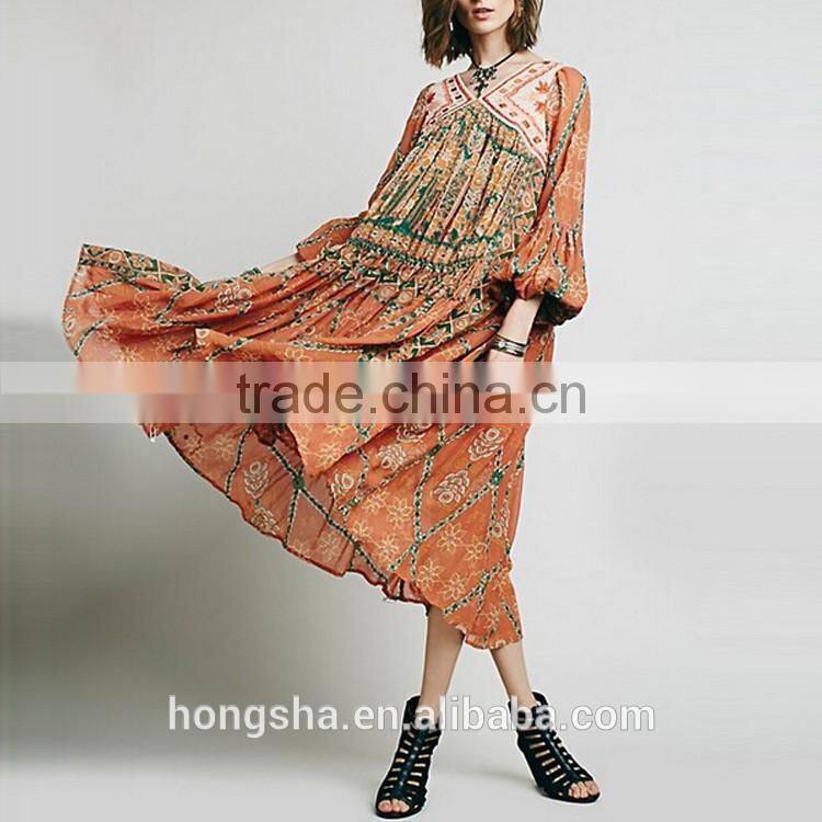 2016 New Burn-Out Ladies Long Csual Dresses Pictures Fashion Printed Vintage Dress HSd7295