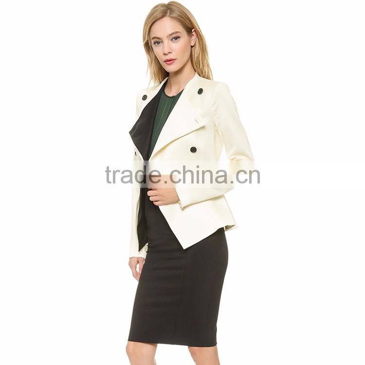 HAODUOYI Women White Color Block Button Front Asymmetrical Blazer