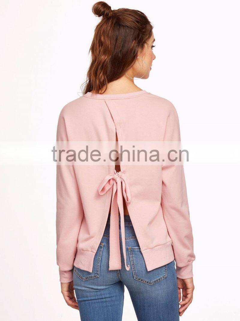 Whole sale Pink Bow Tie Custom Sweatshirt Split Back Fashion Dolman Sleeve Sweatshirt Pullovers French Terry