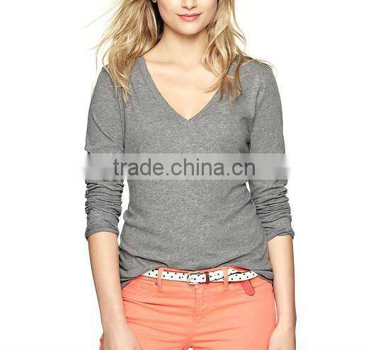 100% cotton womens deep v neck long sleeve t shirts