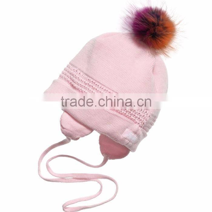 Myfur Double Deck Cotton Yarn Crochet Knitting Hat with Removable Raccoon Fur Pom Pom
