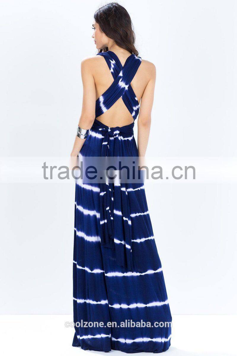 Fashion cross halter tye die women maxi dress floor lenght long dresses