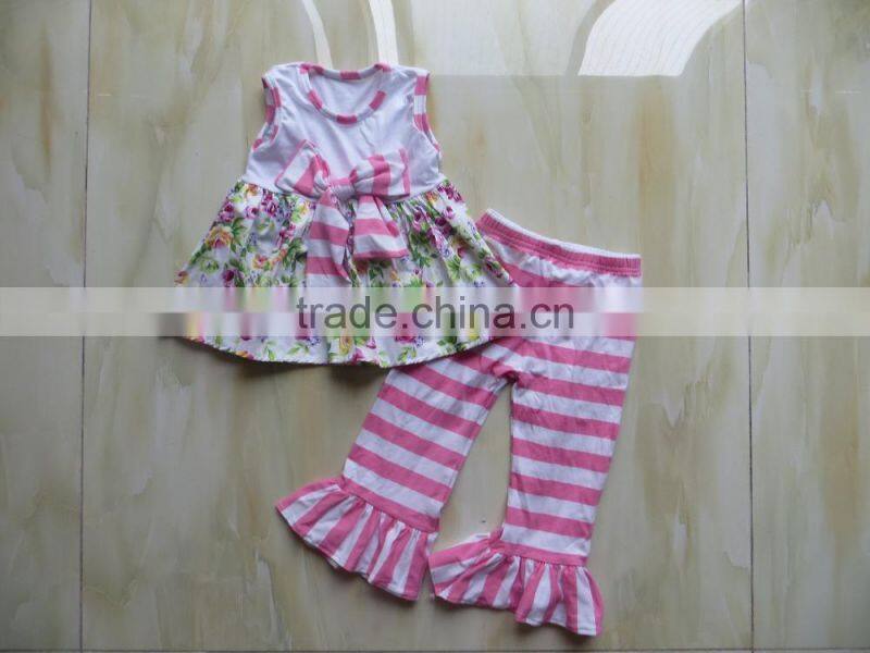 2016 wholesale children clothing usa Kids pink flower print ruffled Giggle Moon Remake Outfits for Girls