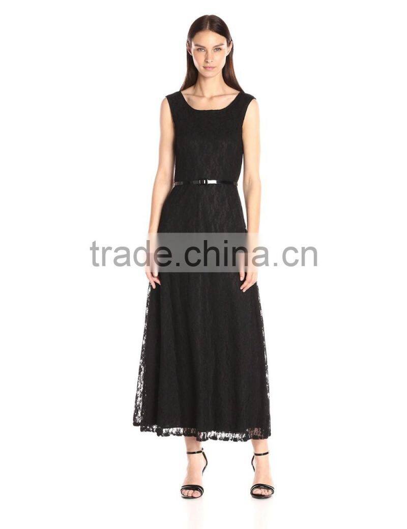 Women's Sleeveless Lace Skater Maxi Dress with Belt