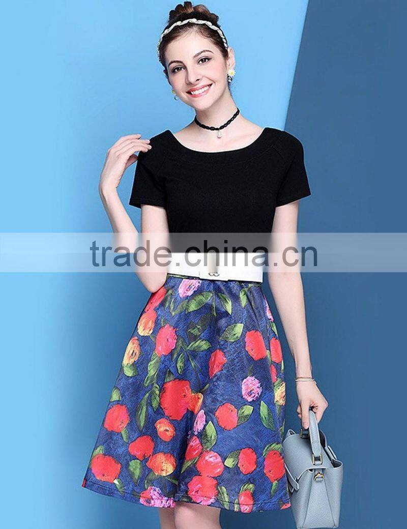 2016 little fresh knitted top and floral chiffon short sleeve A-line dress with waist belt