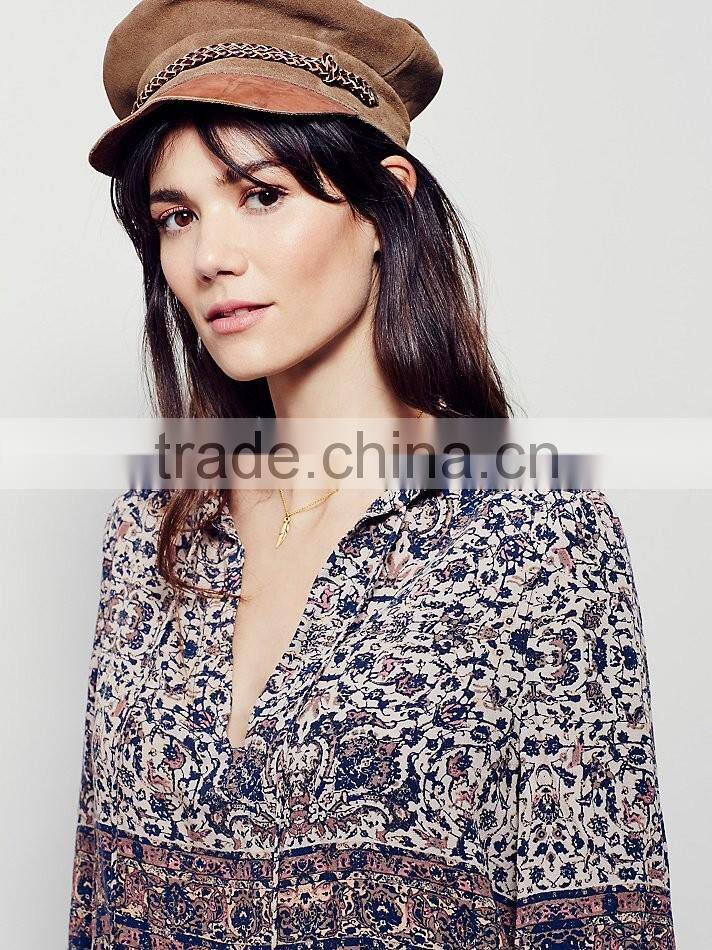 2016 Guangzhou Shandao Supplier OEM Custom Design Spring Women Long Sleeve V Neck Vintage Printed Chiffon Blouse Patterns