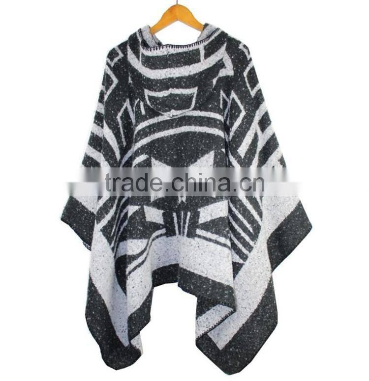 2016 new design fashion autumn winter acrylic bohemian poncho shawls with hooded for women