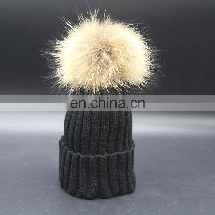 Hot Sell Cute Winter Hats Natural Raccoon Fur Pompom Beanie Cap with Ball Top Knitted Crochet Kid Hat