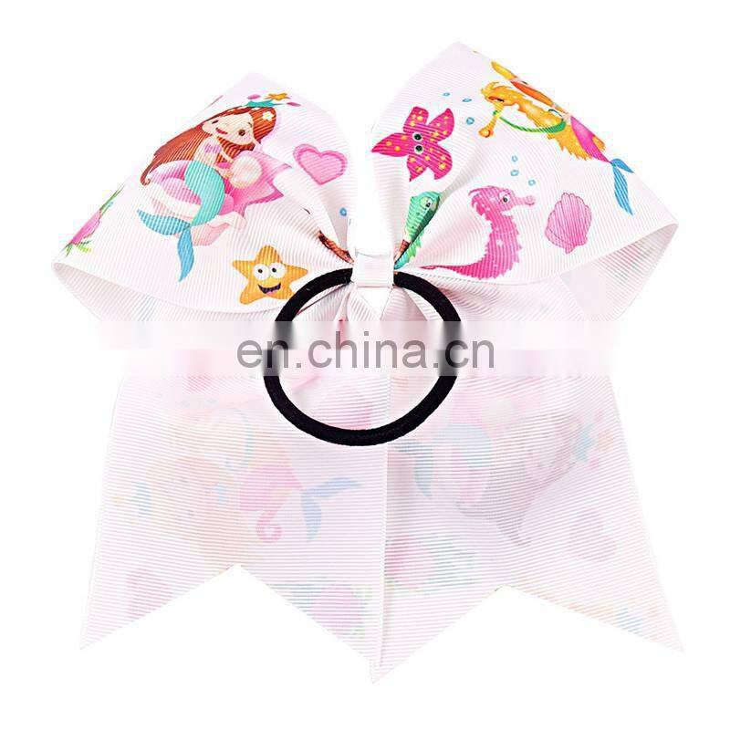 7'' Girls Mermaid Pencil Print Cheer Bows Grosgrain Ribbon School Hair Bow Elastic Rubber Handmade Hair Clip Hair Accessories
