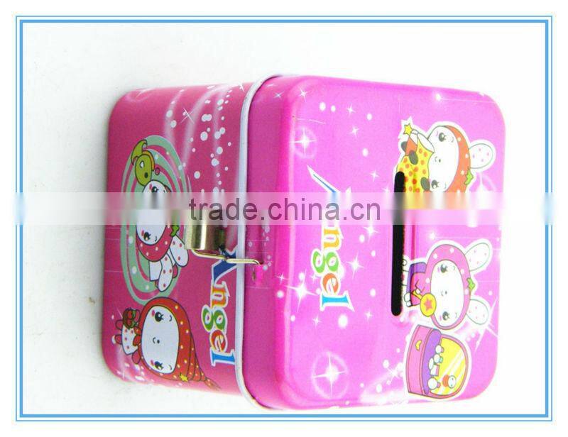 Cute square tin money box with lock and key for kids