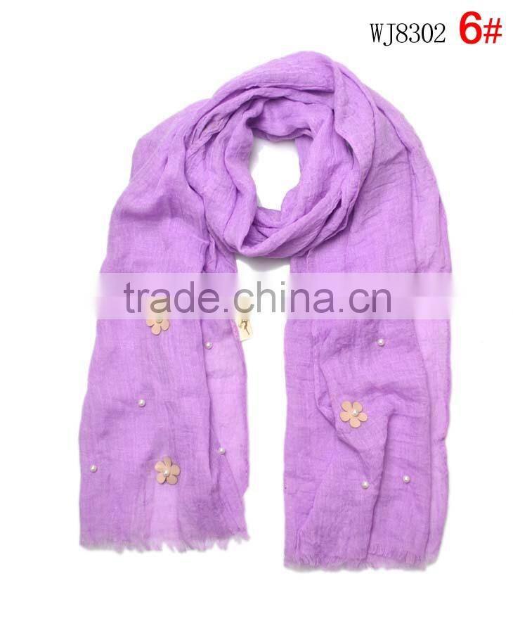 2015 Autumn Winter Newest Small Flower Applique Pearl Beads Fixed Soft Cotton Baby Girl Scarf