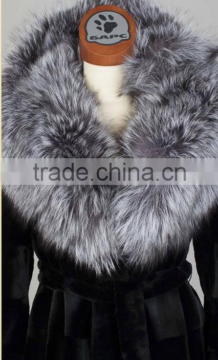 rex14063 100% real black rex rabbit fur coat with fox fur hood