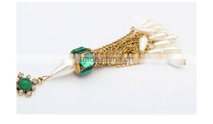 Ethnic gold jewellery square charm pearl drop metal tassel necklace