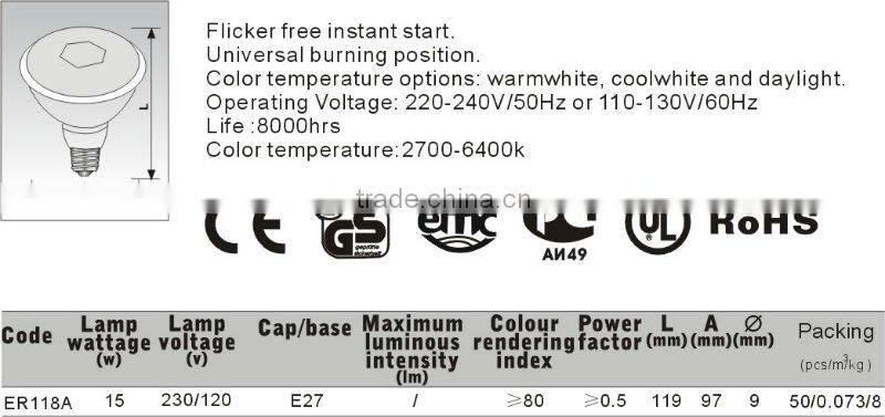 120V/230V 15W E27 2700K-6400K 8000Hours PBT housing reflector CFL energy saving lamp