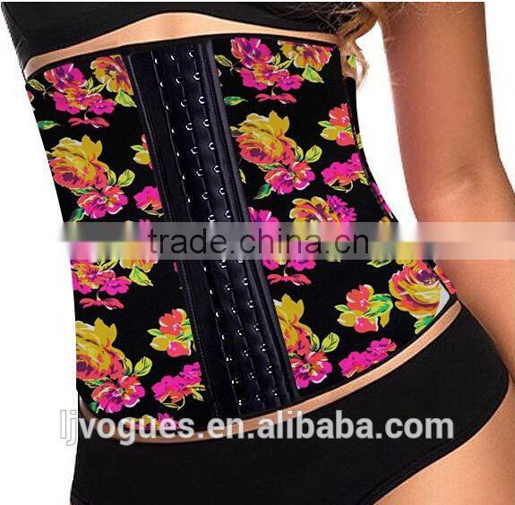 Floral Pattern Printing Latex Corset 9 Steel Bones Underbust Waist Cincher Front Open Training Bustier