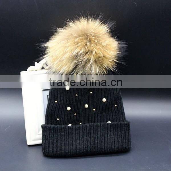 Wholesale Latest UK Style Colorful Wool Crochet Hat With Raccoon Fur Pom Poms White Crochet Knit Hat