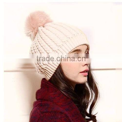 Newest Arrival Winter Warm Crocheted Wool Hat with Fox Fur Pom poms For Fashion Gilrs