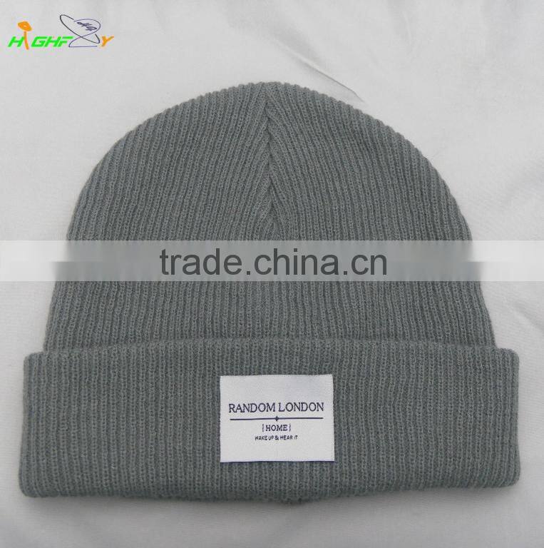Mens Simple plain custom kinit beanie hat with woven label patch