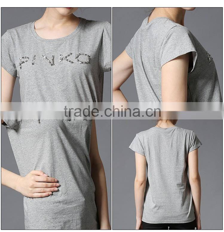 Wholesales 100% cotton interlock with heat seal rhinestone short sleeve fashion summer short sleeve T shirt