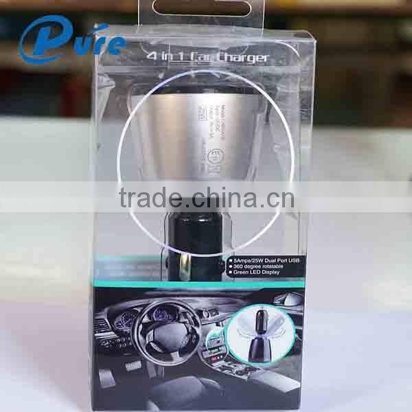 4 in 1 Dual USB 360-Degree Rotation Car Charger Cigarette Lighter Plug With Digital Voltmeter Ammeter Temperature Gauge for Cell