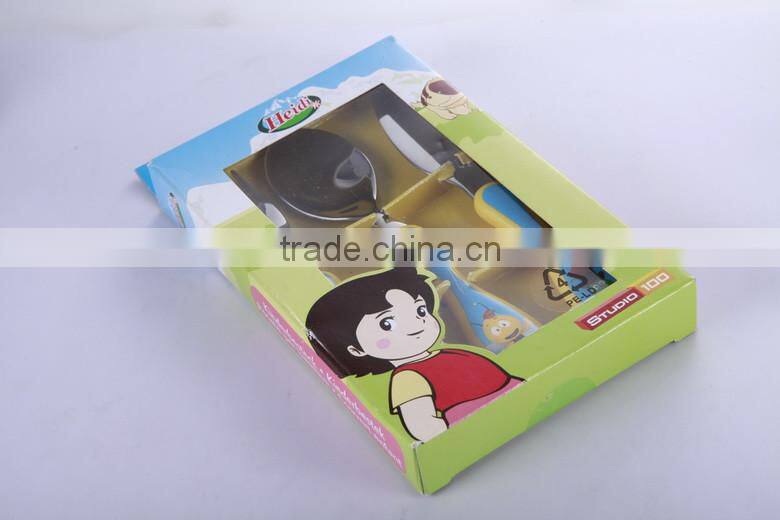 baby cutlery set stainless stee plastic handle packing into a beautiful paper box