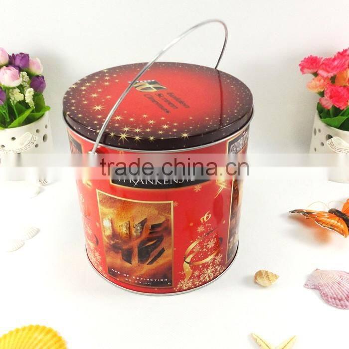 Food grade big round custom handle popcorn tin box OEM