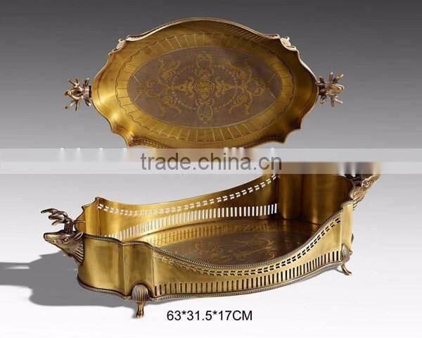 Retro Mirror Design Brass Hexagon Tray, Hand Engraved Bronze Serving Tea Tray With Handle, Luxury Home Decorative Tableware