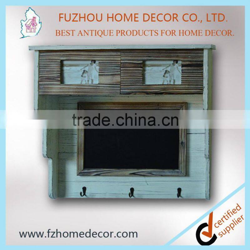 2016 shabby and chic wood wall cabinet with metal hooks and blackboard