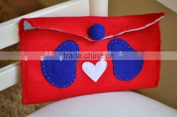 Best selling funny fabric mobile cover card case wool felted ladies cell phone pouch with handsewn blue birds white hearts