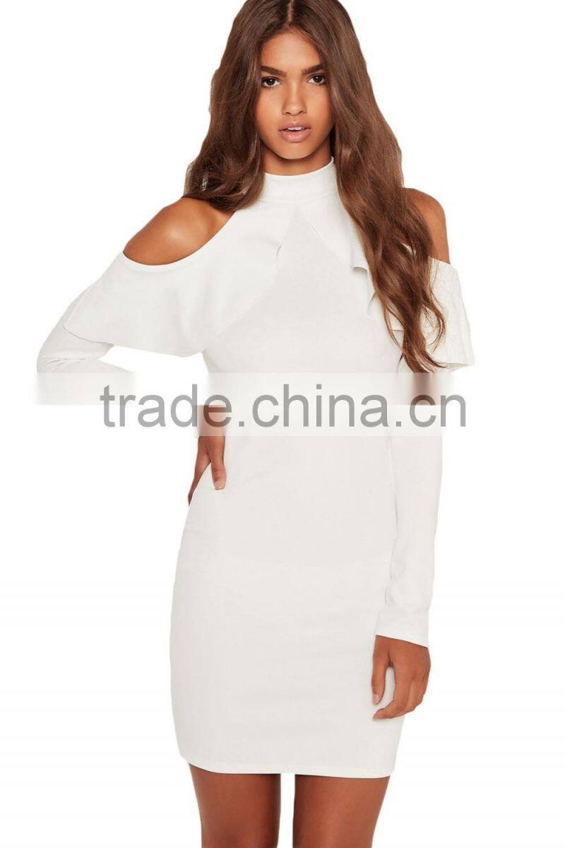 Women Frill Cold Shoulder Long Sleeve Mini Short Bodycon Club Dress White