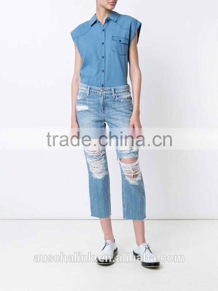 new arrival 100%cotton women sleeveless denim shirts customized