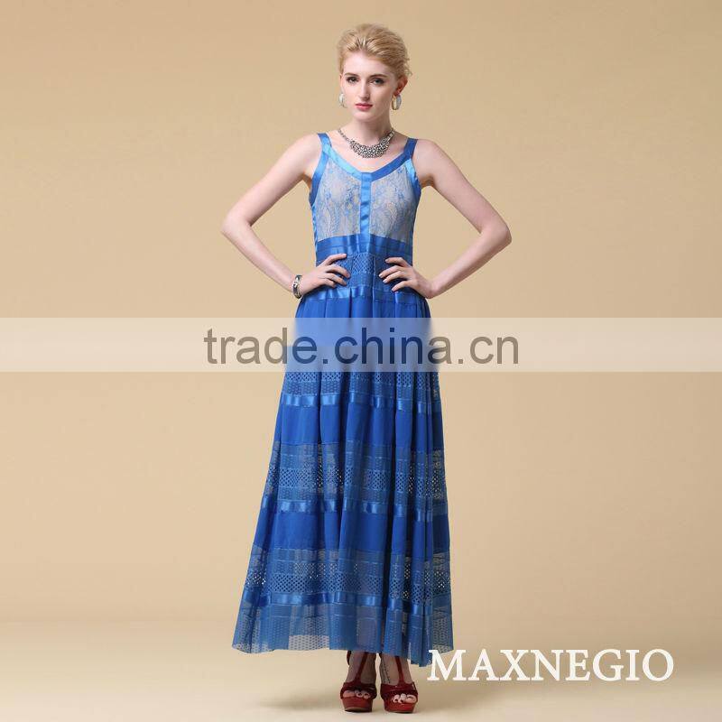 Wholesale fancy high quality blue long maxi satin dresses beach dress