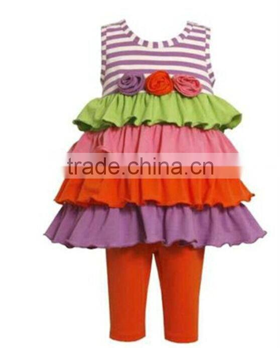 Girls Multi-Tiered Knit Summer Fall Flower Dress Leggings Outfit
