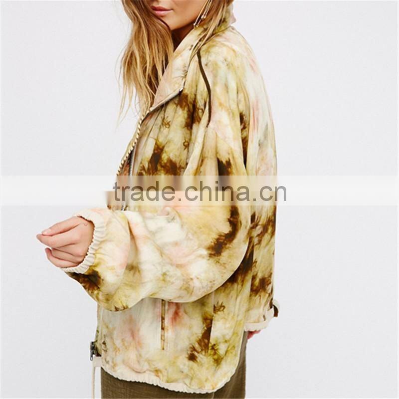 2017 oem women tie dye spread collar coat with drawstring waist