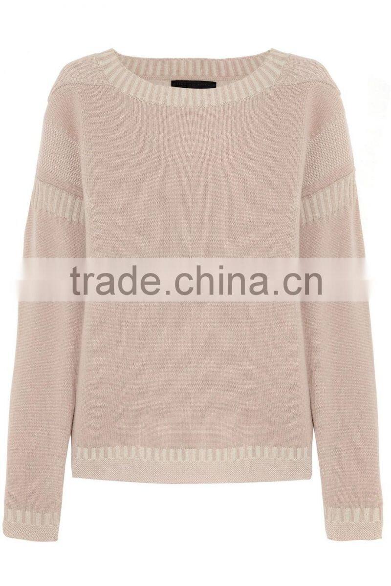 Antique-Rose 100% Cashmere Loose Crew Neck Women Chinese Sweater with Inverted Triangle Stiching on Back