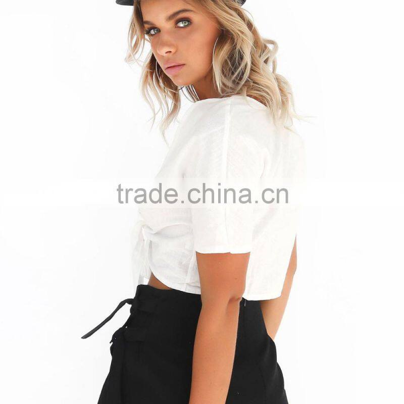 Latest Design Sexy Deep V Neck Crop Tops Short Sleeve Blouse 2017