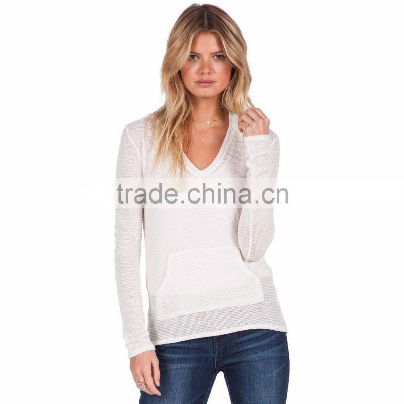 New Style Women White Fishnet V Neck Hoodies Wholesale