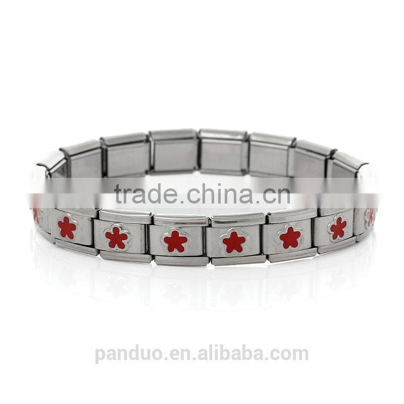 Fashion Design Italian Charm 18 Links Stretch Bracelets Silver Tone Flower Pattern Enamel Red 17.5cm longNewest