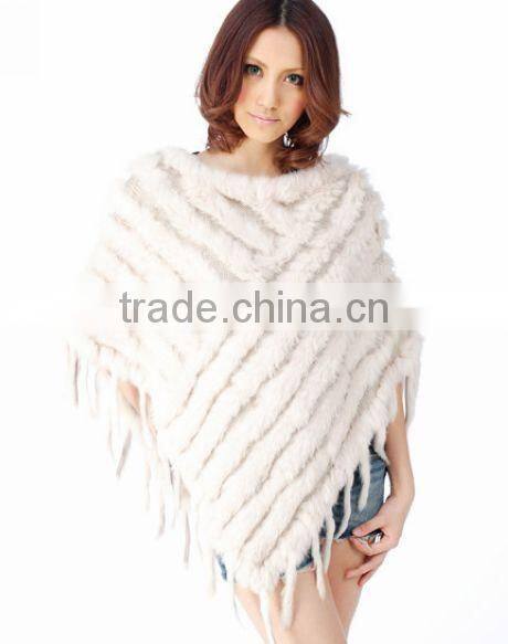 YR099 Ladies' hand knitting pattern real rabbit fur Shawl/ Mexico hot sell