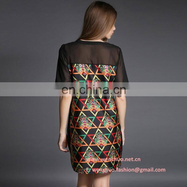 High Qulaity Printed Imitation Silk Short Sleeve Ladies Dress
