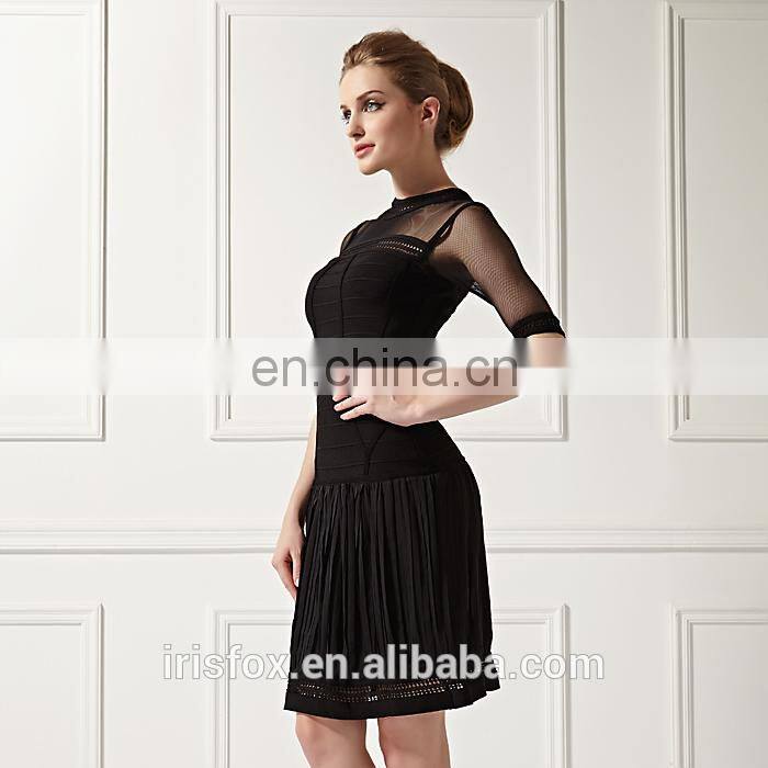Black short sleeve see through bandage dress bead embroidered pleated skirt style evening dress
