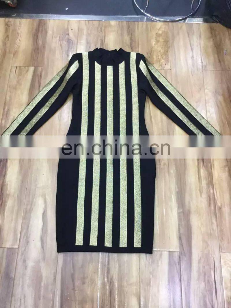 Black long sleeve gold printed stripe bandage dress High quality birthday dresses